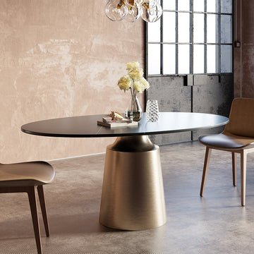 63" Modern Oval Stone Dining Table with Bronze Carbon Steel Base